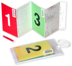 Folding colour-coded card that methodically requests information. It fits into a plastic sleeve that is in turn, clipped on to patient clothing.